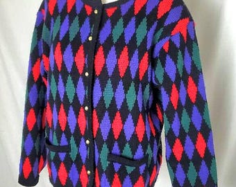 Vintage 80s Argyle Cardigan Sweater | Colorful Diamond Knit Cardigan | Preppy Grandpa Chic | Button Front Sweater | Women's Medium Large