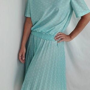 1980s suit vintage 80s seafoam green Village Fair pleated skirt set