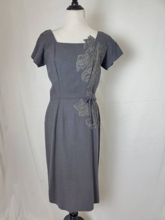 1950s dress gray wool vintage 50s pinup midi - image 2