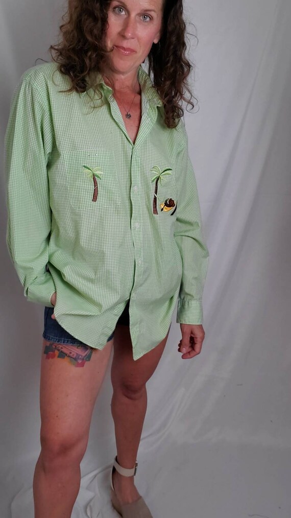 1990s blouse vintage 90s green checkered monkey L… - image 5