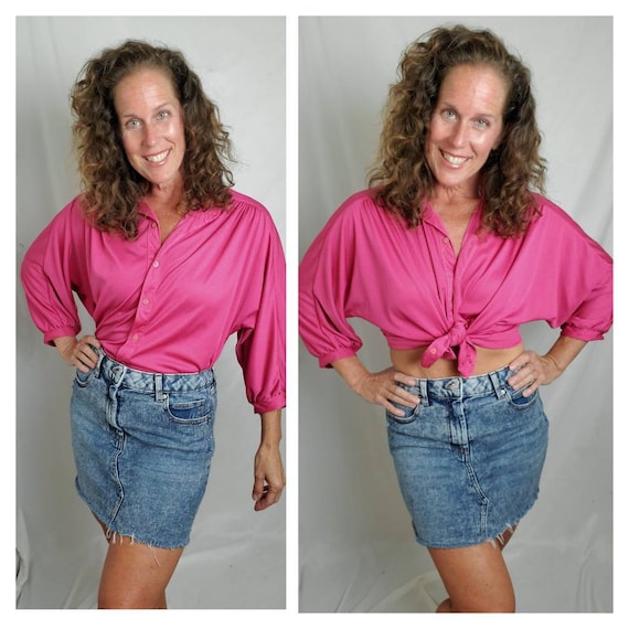 1970s blouse vintage 70s fuschia disco top - image 1