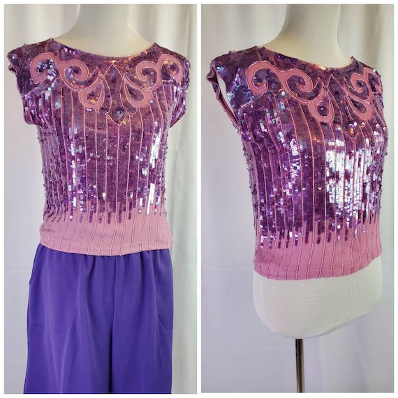 1970s lavender blouse vintage 70s silk beaded purp