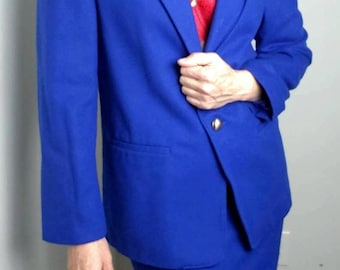 Tailleur jupe en laine bleue vintage des années 80 | Ensemble Powersuit | Blazer ajusté et jupe crayon Old Money | Vêtements de bureau classiques | Taille 10