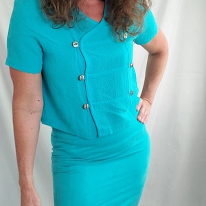 1990s suit aqua vintage 90s Cynthia Max skirt and blouse