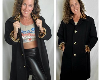 1980s coat Charles Klein black vintage 80s animal print duster jacket