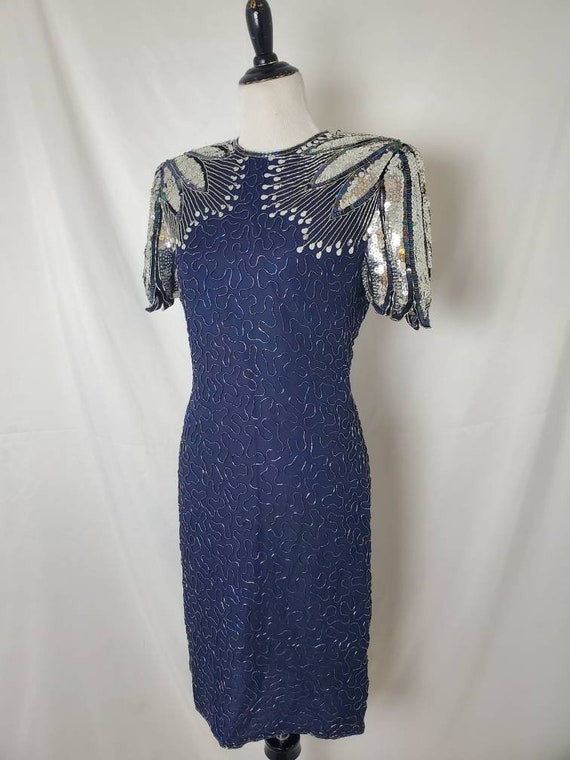 1980s dress silk beaded navy silver vintage 80s L… - image 9
