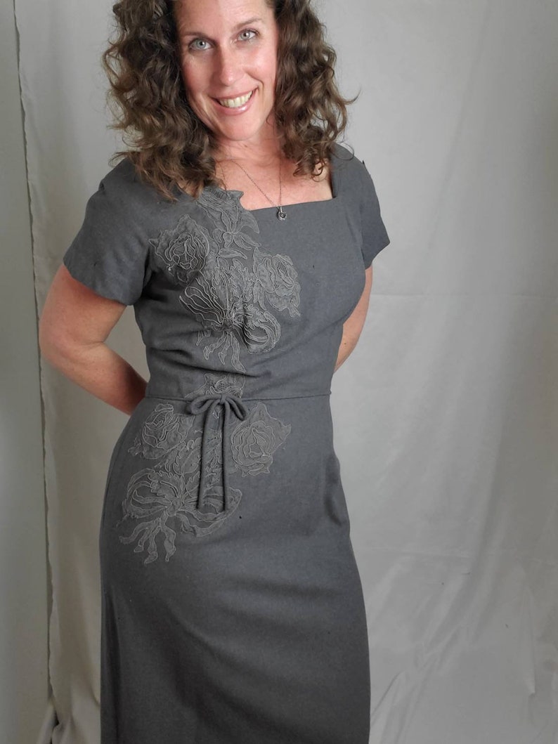 1950s dress gray wool vintage 50s pinup midi image 5