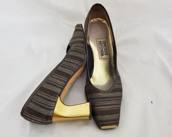 1990s pumps gold fabric Timothy Hitsman vintage heels