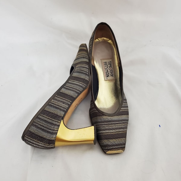 1990s pumps gold fabric Timothy Hitsman vintage heels