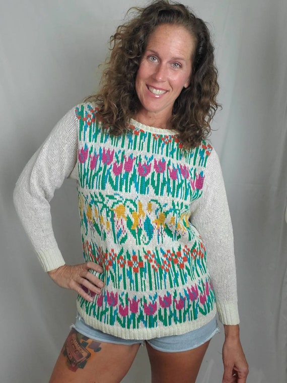 1980s sweater vintage 80s Crossings floral tulip … - image 2