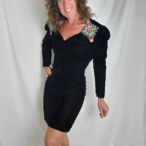 1980s dress black velvet beaded vintage 80s cocktail