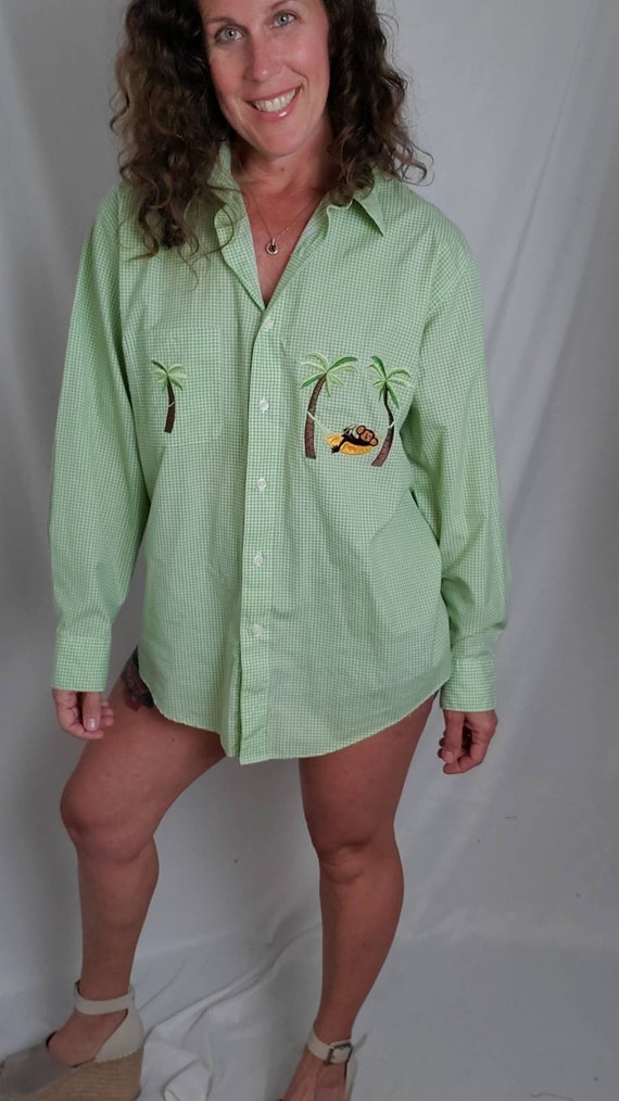 1990s blouse vintage 90s green checkered monkey L… - image 4