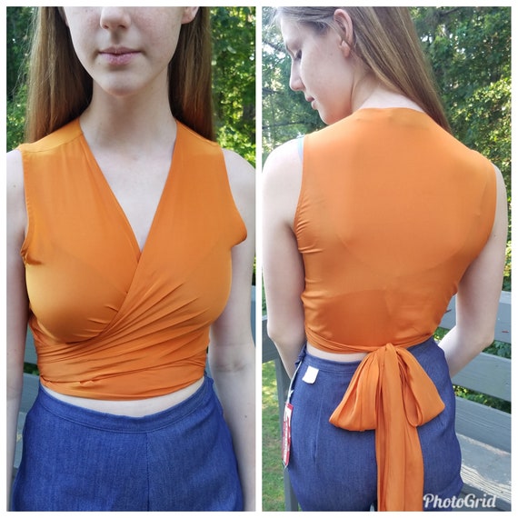 Vintage 80s Ellen Tracy orange silk wrap blouse