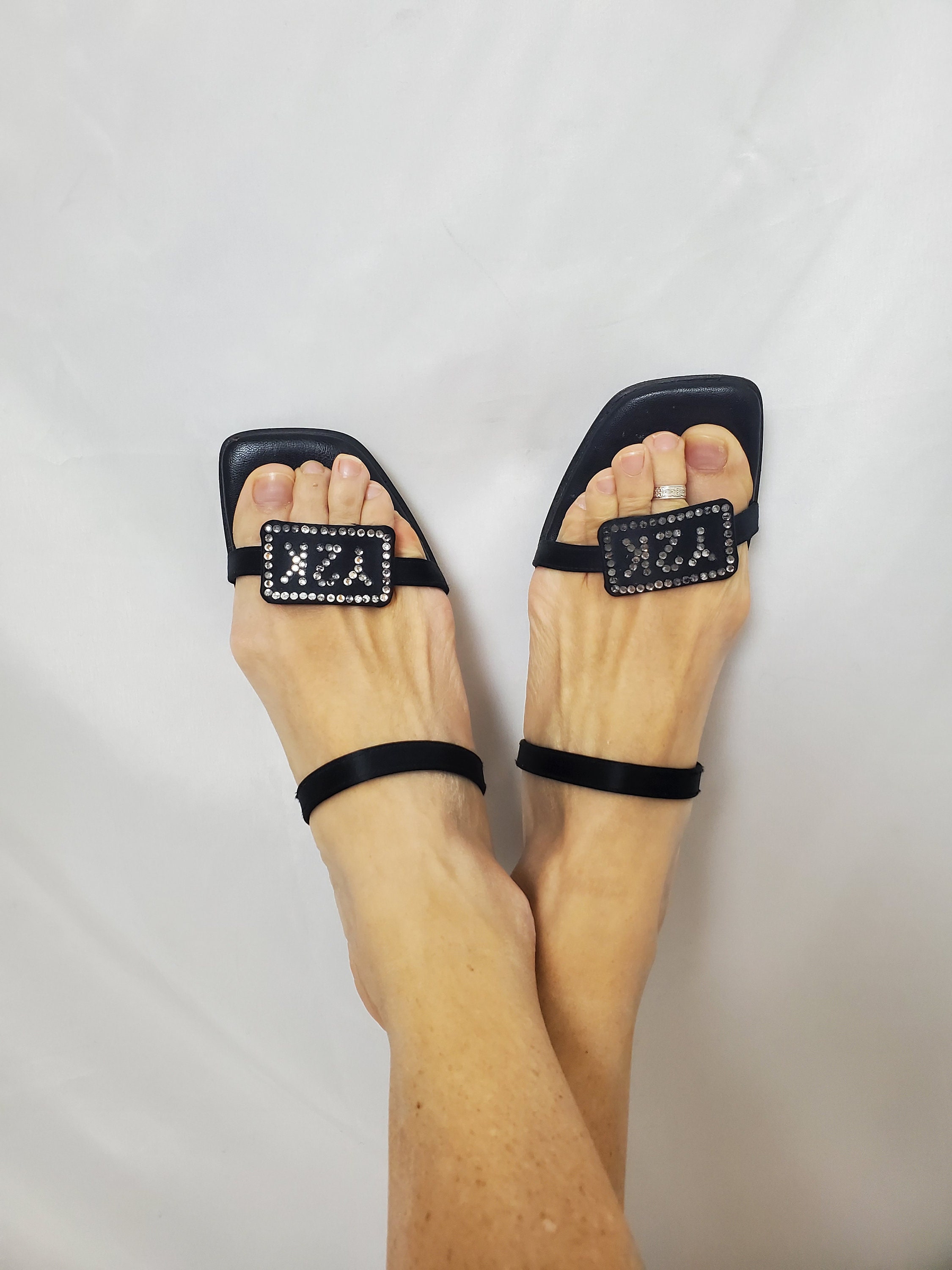 Vintage Timothy Hitsman Rhinestone Sandals | 90s Y2K Black Strappy