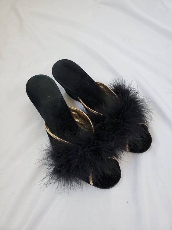1970s house shoes vintage 70s black feather slippe
