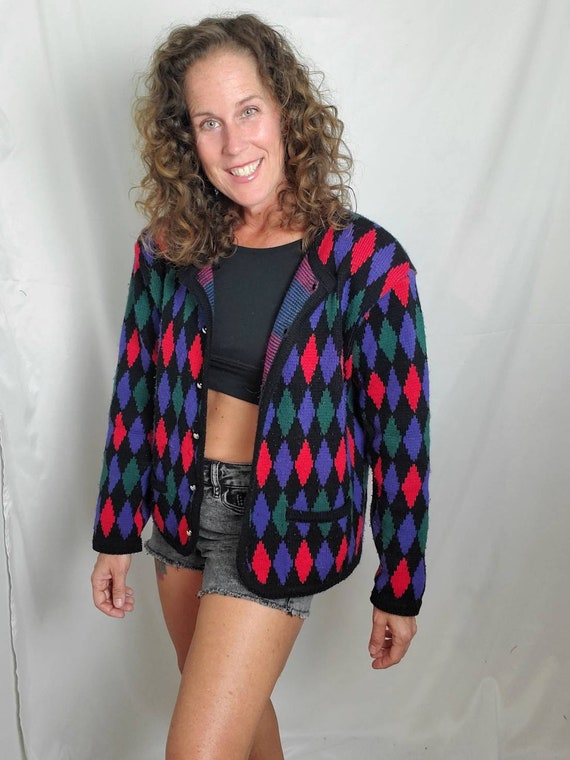 1980s sweater argyle vintage 80s Worthington card… - image 4