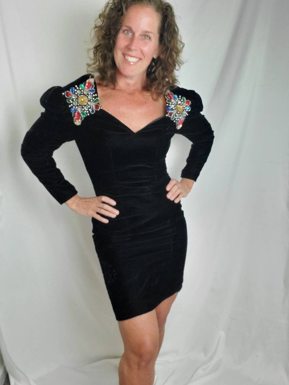 vintage 80's black bead dress w/ jacket S
