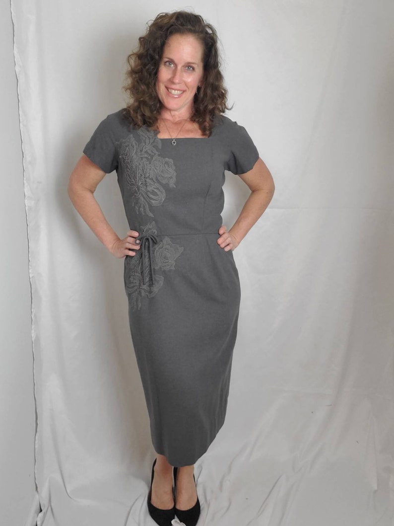 1950s dress gray wool vintage 50s pinup midi image 6