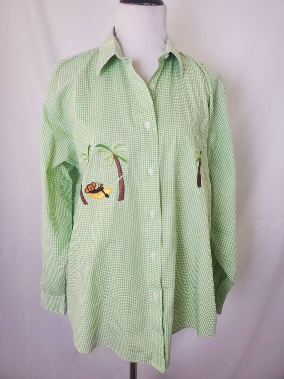 1990s blouse vintage 90s green checkered monkey L… - image 7