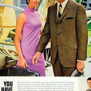 May include: Vintage advertisement featuring a man in a brown suit and a woman in a purple dress. The man holds a hat, and the woman carries a black briefcase. A yellow helicopter is in the background. Text reads "YOU HAVE IT ALL...WITH 'BOTANY' 500".
