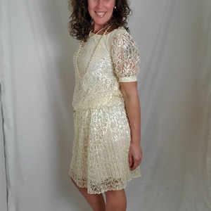 1980s dress lace cream vintage 80s pleated Glenrob drop waist