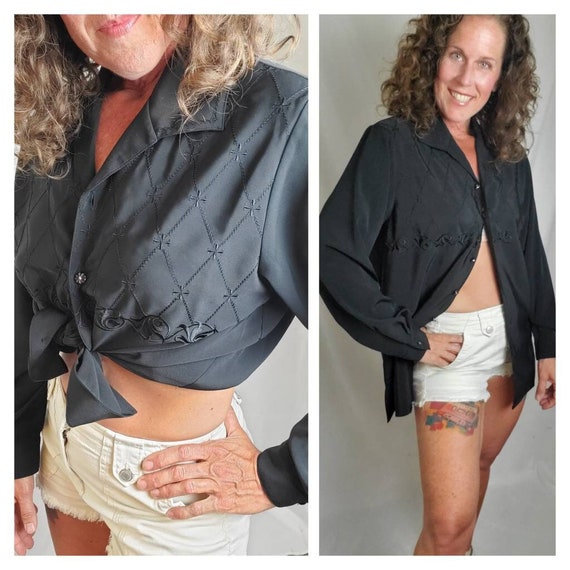 1980s blouse black Yves St. Clair button down - image 1
