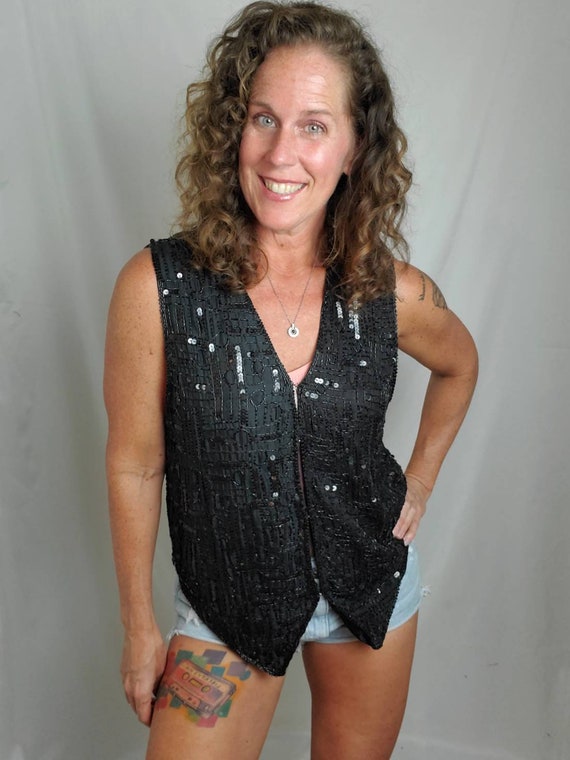 1990s vest sequin silk black vintage 90s Rachna waistcoat