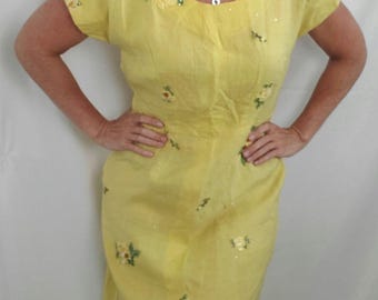 1940s dress linen yellow hand sewn vintage 40s midi