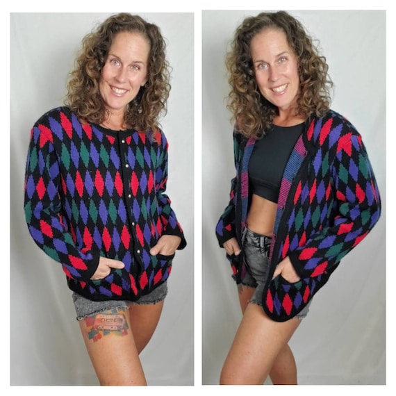 1980s sweater argyle vintage 80s Worthington card… - image 1