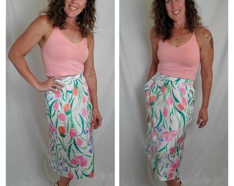 1980s skirt pastel Patchington vintage 80s tropical floral midi