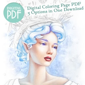 Coloring Page PDF - &quot;Icebringer&quot; - Magical Snow Elf Greyscale and Lineart Fantasy Art PDF Printable Digital Coloring - Digital Stamp