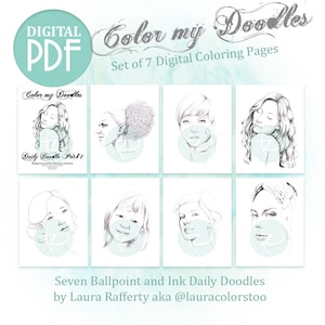 Adult Coloring Digital Printable Pages Set - Color my Daily Doodles Pack - 7 Pen Portrait Sketches of Women and Girls