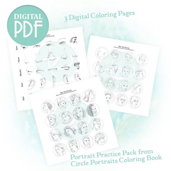 Coloring Portrait Practice Pack - Face Elements Pages from Circle Portraits Coloring Book - Coloring Pages for Adults - How to Color Faces