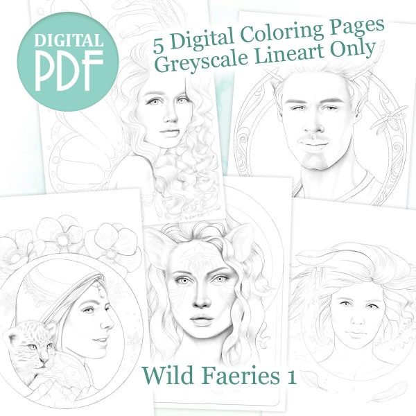 Wild Faeries 1 - Pack of 5 Greyscale Coloring Pages