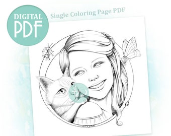 Springtime with Kitty - Single Adult Coloring Page Downloadable Printable PDF