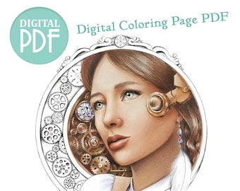 Steampunk Portrait Coloring Lineart - Inspector's Apprentice - Single Digital Coloring Page Downloadable Printable PDF - Digital Stamp