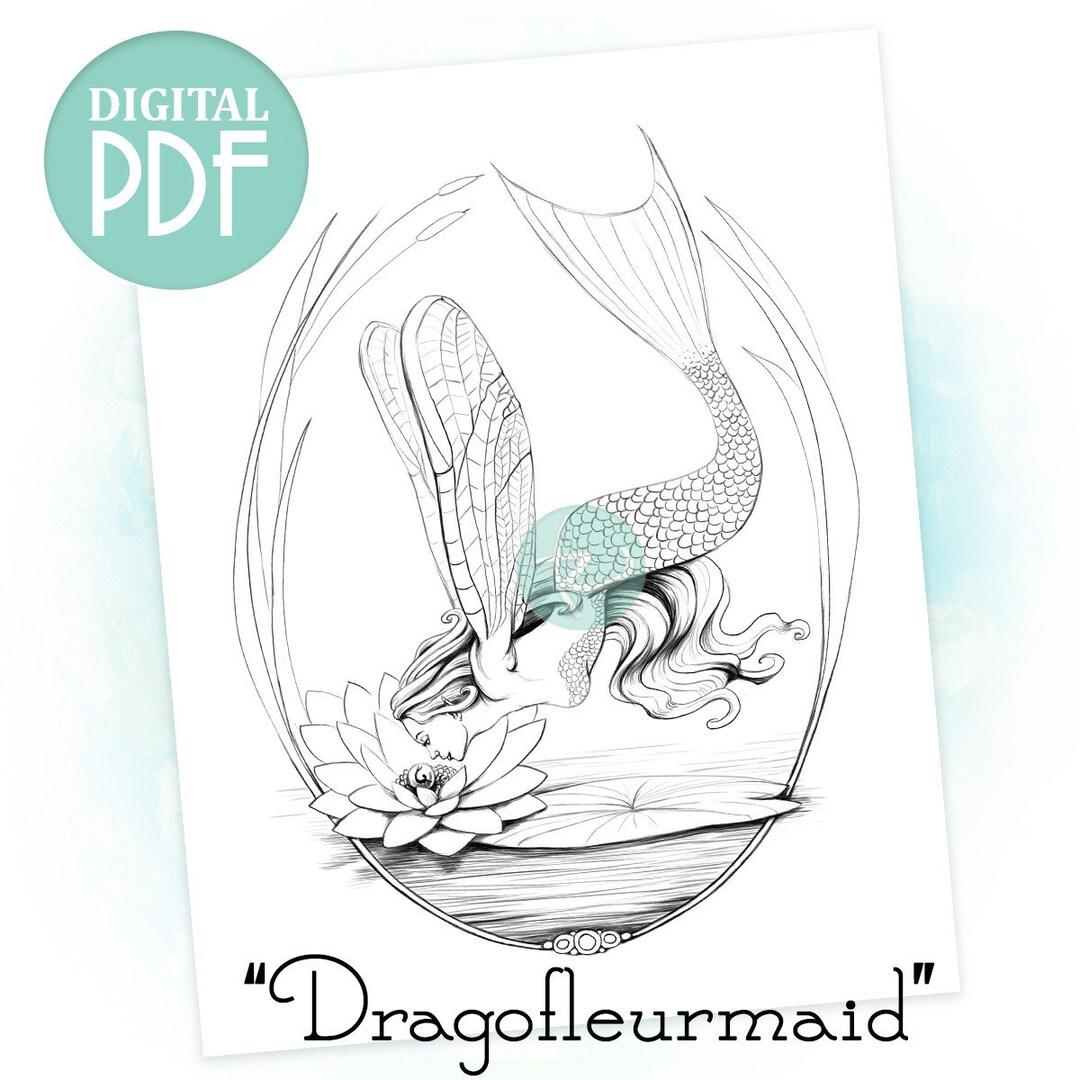 Dragonfly Mermaid Coloring Page - "dragofleurmaid" = Digital Stamp for