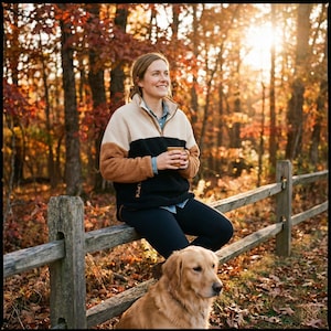 Pode incluir: Uma mulher usando uma jaqueta de lã com blocos de cores com design preto, marrom e creme, sentada em uma cerca de madeira. Ela segura uma xícara de papel marrom, com um cachorro golden retriever por perto. O fundo apresenta uma floresta com folhagem de outono.