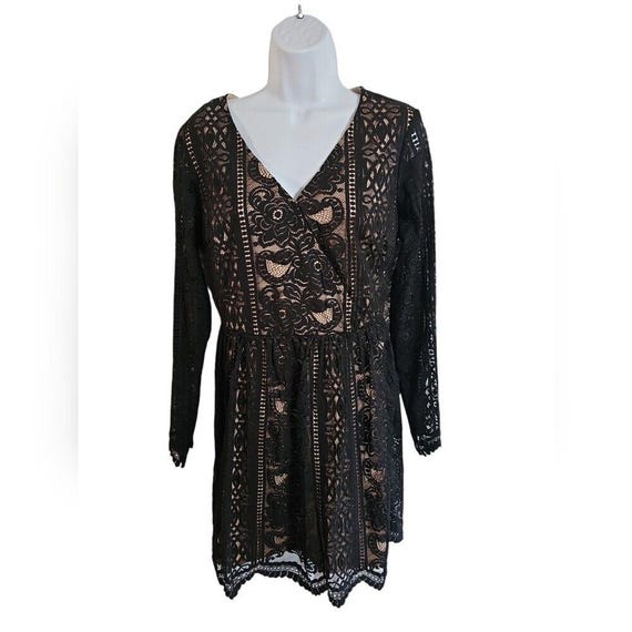 xhilaration lace dress Xhilaration Floral Lace Trim Sun Dress Black Pink Boho Sleeveless Large NWT
