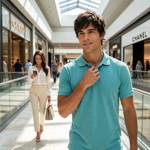 以下が含まれることがあります： 半袖のライトブルーのポロシャツ。クラシックな襟とボタン付きの前立てが付いています。白いブラウスとベージュのパンツを着た女性が背景を歩いています。ショッピングモールの設定です。