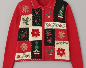 Tiara International XL 2004 Christmas Patchwork Cardigan Poinsettia Sweater VTG