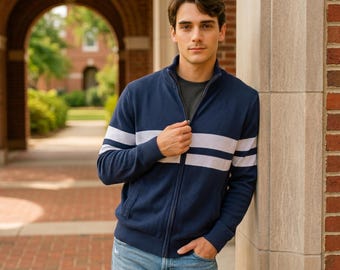 Amazon Essentials Herren L Baumwoll-Zip-Pullover Navy Weiß Stripe Makellose Küsten