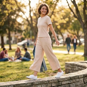 Puede incluir: Una persona con una camiseta de punto acanalado color melocotón claro y pantalones de pierna ancha, combinados con zapatillas blancas. Camina sobre un muro de piedra en un parque, sosteniendo una chaqueta vaquera. El fondo muestra árboles y personas.