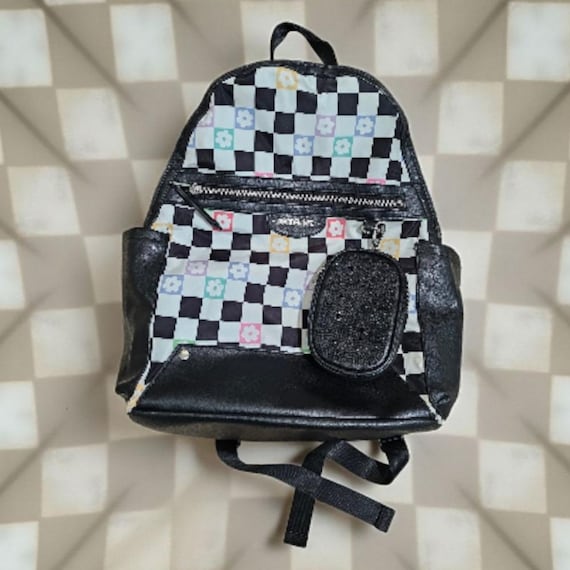 Madden NYC Checkered Flower Dome Backpack Black 17" Laptop Bag Y2K Retro