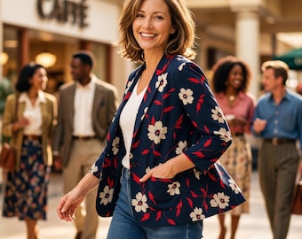 Roz & Ali Womens L Blazer Navy Classic Floral Open Front Statement Boho Jacket