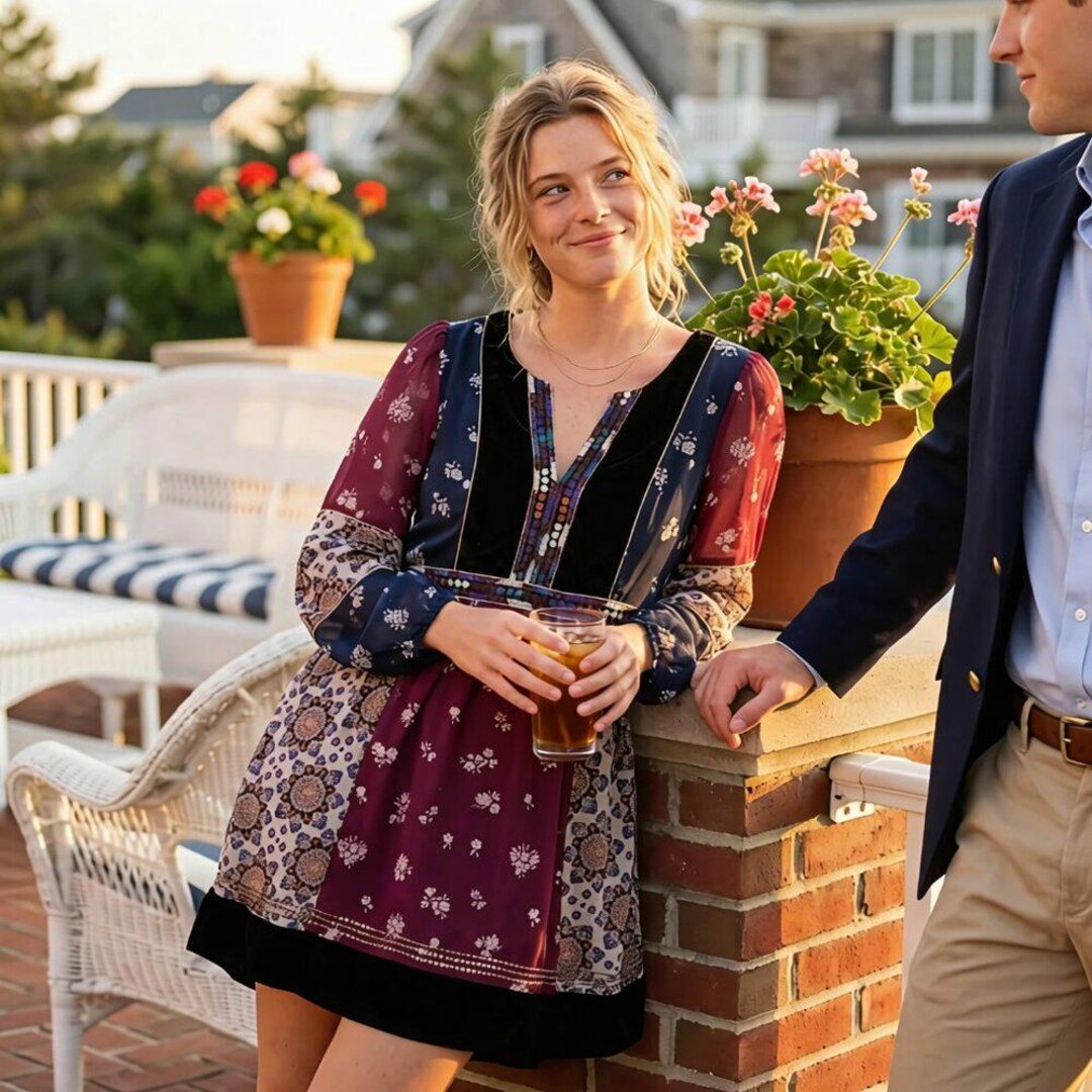 Maeve Anthropologie Mixed Print Boho Velvet Trim Dress Small Peasant Patchwork