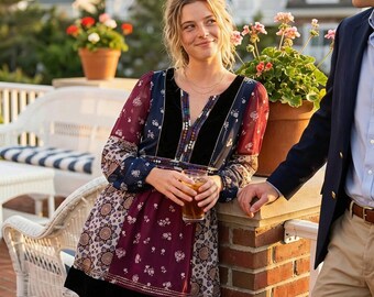 Maeve Anthropologie Mixed Print Boho Velvet Trim Dress Small Peasant Patchwork
