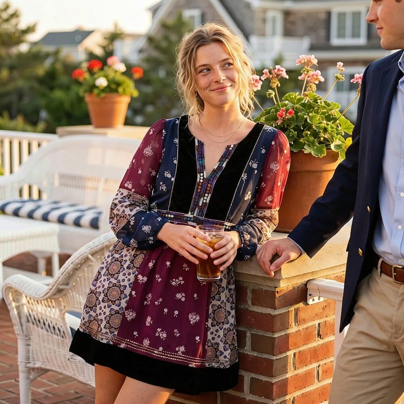 Pu&ograve; includere: Una donna indossa un miniabito fantasia con maniche lunghe, scollo a V e un pannello in velluto nero. L'abito presenta motivi floreali e geometrici nei toni del bordeaux, blu navy e crema. Sta tenendo un bicchiere di t&egrave; freddo.