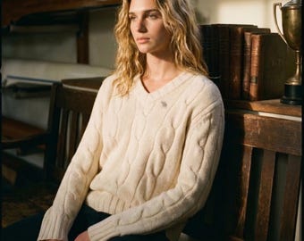 Abercrombie & Fitch Dam Stor Tröja Krämfärgad Lammull Kashmir V-Neck Quiet Lux
