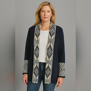Lauren Ralph Lauren Southwest Cardigan XL Navy Aztec Knit Open Drape Rare Cozy